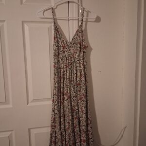 AUW Cream Floral Midi Dress with Pink and Green Print